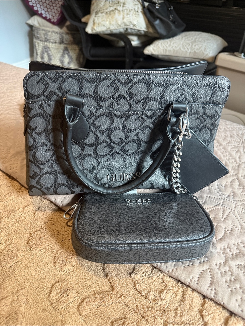 GUESS Gray Logo Tote with Black Handles and Matching Pouch